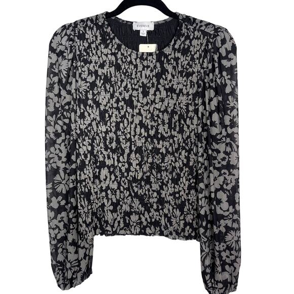 New Evereve Small S Black Gray Tori Floral Mesh Top Smocked Bodice Long Sleeve - Picture 1 of 10